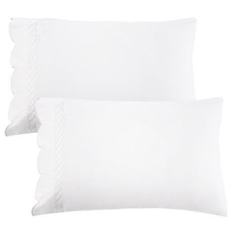 600 Thread Count Scallop Rope Embroidered Cotton Pillowcase Pair-Pillowcase-Parc Decor