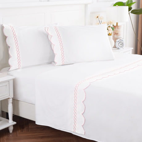 600 Thread Count Scallop Rope Embroidered Cotton Sheet Set