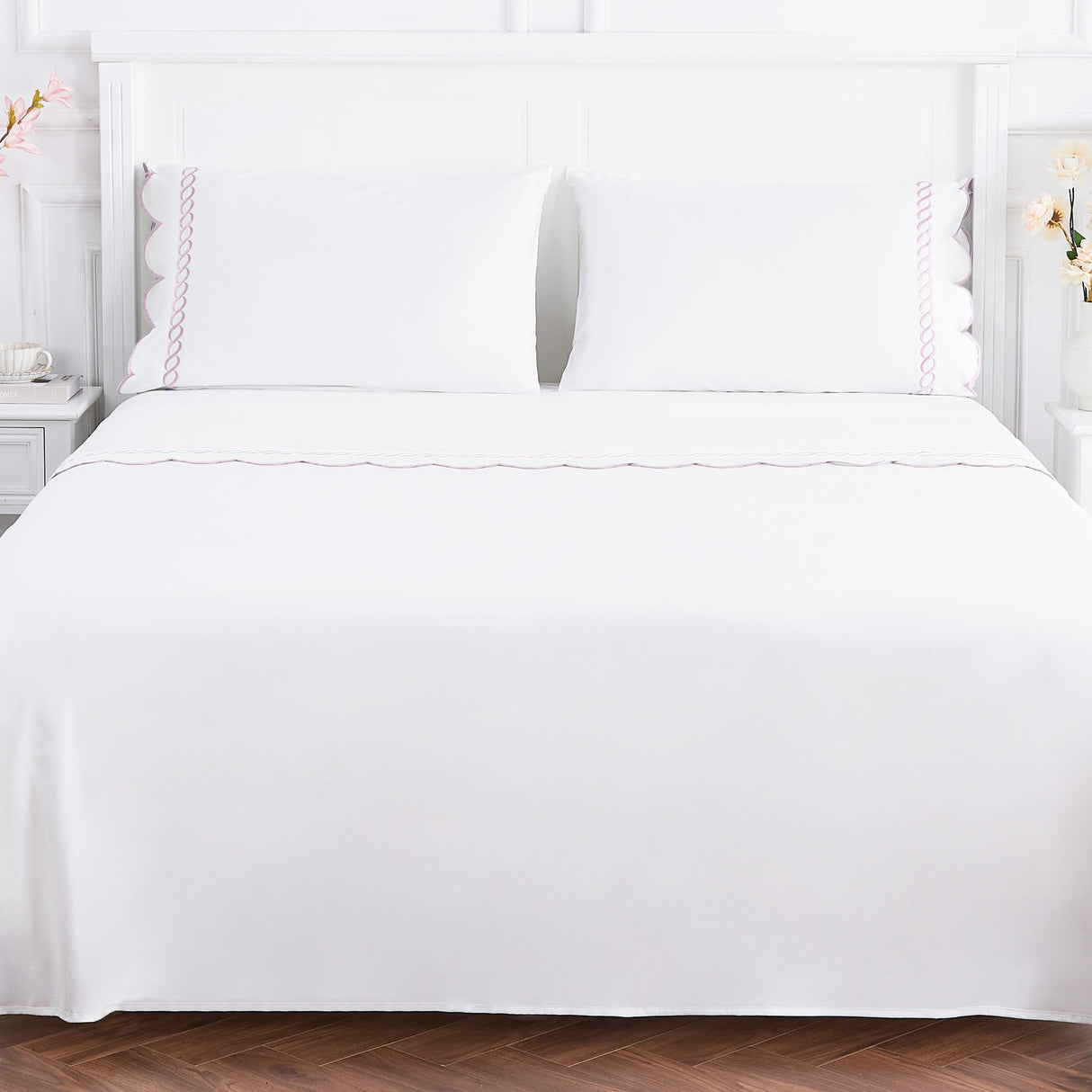 600 Thread Count Scallop Rope Embroidered Cotton Sheet Set