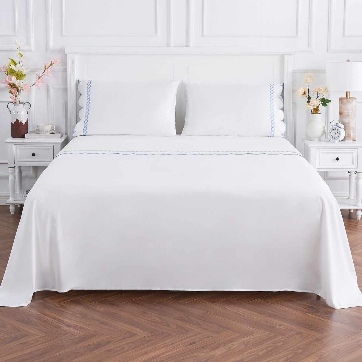 600 Thread Count Scallop Rope Embroidered Cotton Sheet Set