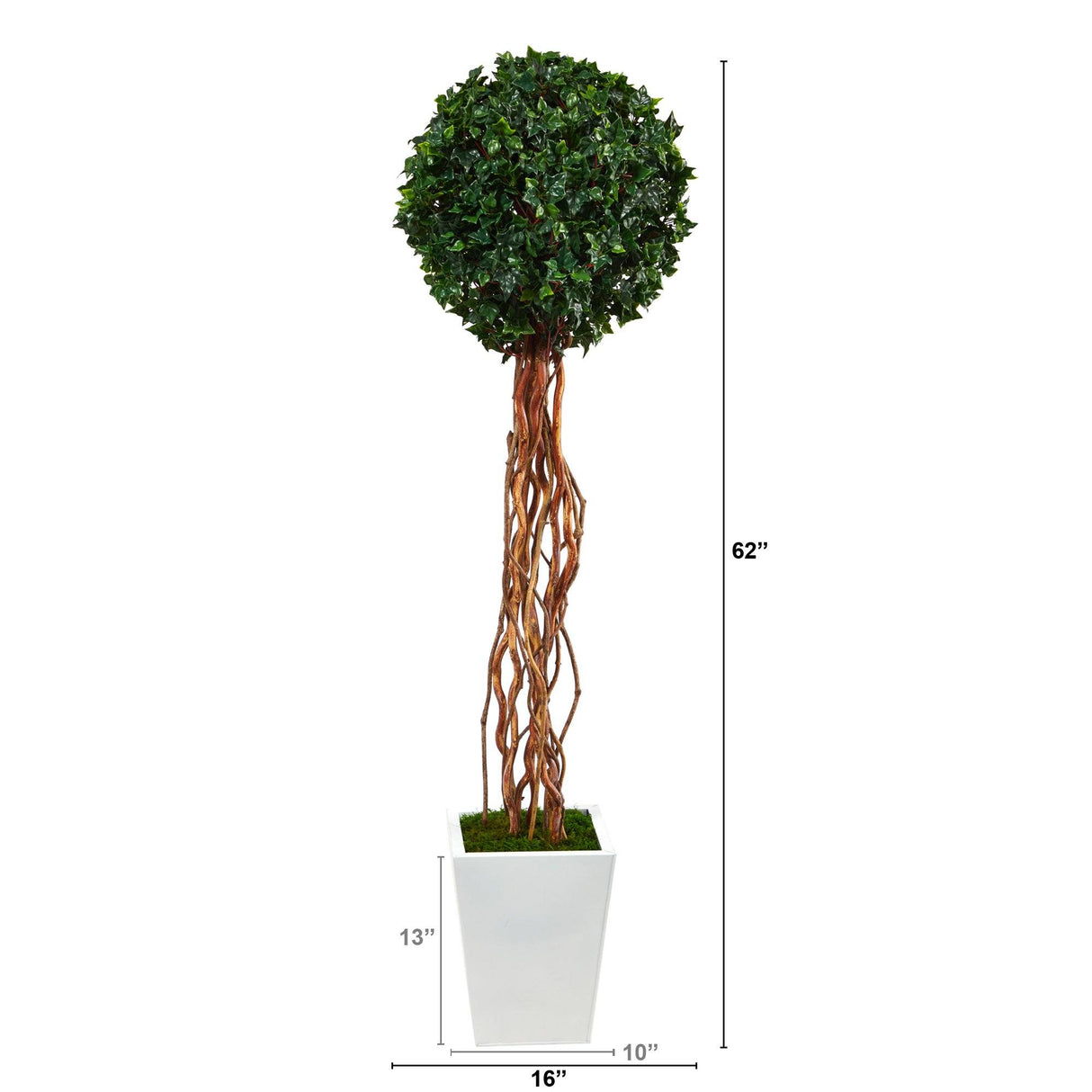 62” English Ivy Single Ball Artificial Topiary Tree in White Metal Planter (Indoor/Outdoor)-Parc Decor