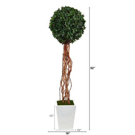 62” English Ivy Single Ball Artificial Topiary Tree in White Metal Planter (Indoor/Outdoor)-Parc Decor