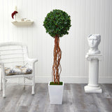 62” English Ivy Single Ball Artificial Topiary Tree in White Metal Planter (Indoor/Outdoor)-Parc Decor