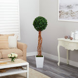 62” English Ivy Single Ball Artificial Topiary Tree in White Metal Planter (Indoor/Outdoor)-Parc Decor