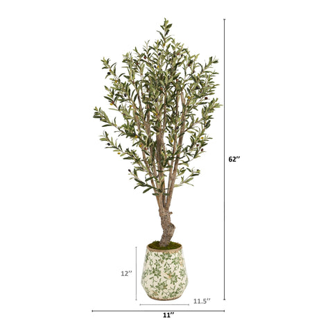 62” Olive Artificial Tree in Floral Print Planter-Parc Decor
