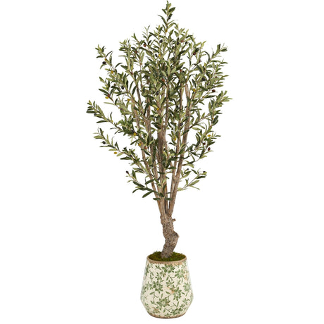 62” Olive Artificial Tree in Floral Print Planter-Parc Decor
