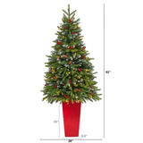 62” Snow Tipped Portland Spruce Artificial Christmas Tree with Frosted Berries and Pinecones with 100 Clear LED Lights in Red Tower Planter-Christmas Tree-Parc Decor