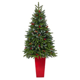 62” Snow Tipped Portland Spruce Artificial Christmas Tree with Frosted Berries and Pinecones with 100 Clear LED Lights in Red Tower Planter-Christmas Tree-Parc Decor