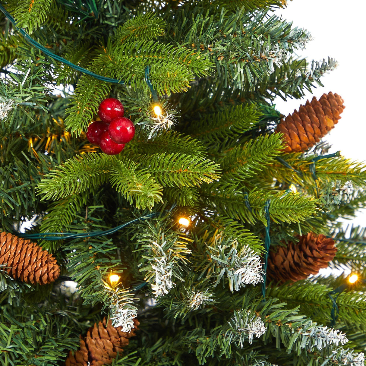 62” Snow Tipped Portland Spruce Artificial Christmas Tree with Frosted Berries and Pinecones with 100 Clear LED Lights in Red Tower Planter-Christmas Tree-Parc Decor