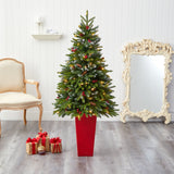 62” Snow Tipped Portland Spruce Artificial Christmas Tree with Frosted Berries and Pinecones with 100 Clear LED Lights in Red Tower Planter-Christmas Tree-Parc Decor