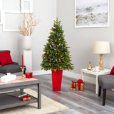 62” Snow Tipped Portland Spruce Artificial Christmas Tree with Frosted Berries and Pinecones with 100 Clear LED Lights in Red Tower Planter-Christmas Tree-Parc Decor
