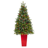 62” Snow Tipped Portland Spruce Artificial Christmas Tree with Frosted Berries and Pinecones with 100 Clear LED Lights in Red Tower Planter-Christmas Tree-Parc Decor