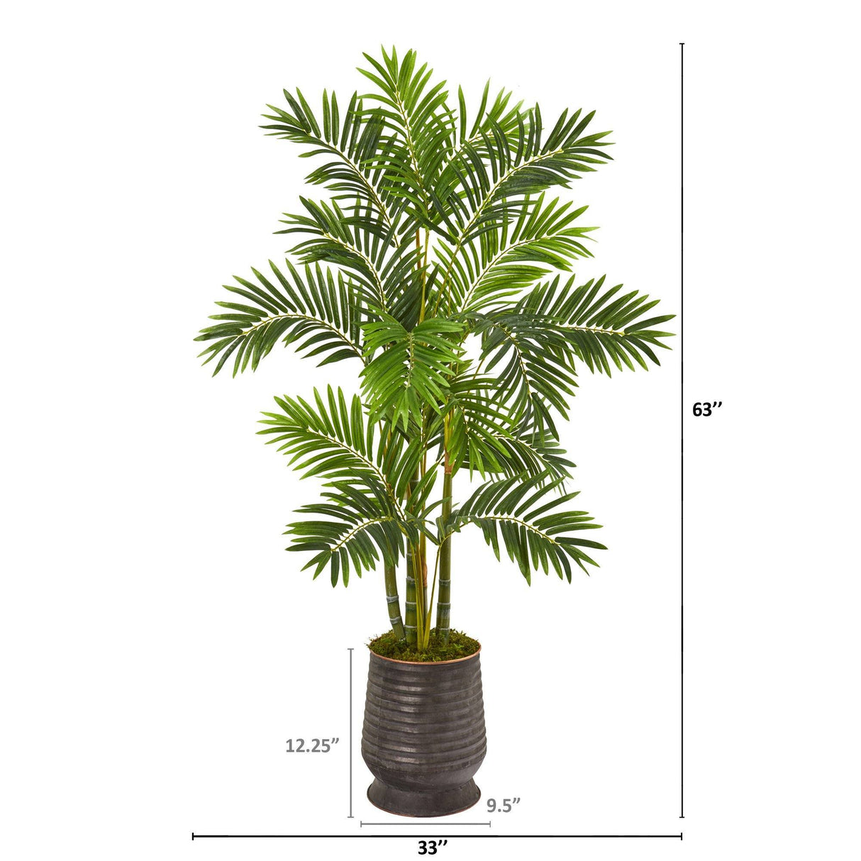 63” Areca Palm Artificial Tree in Ribbed Metal Planter-Parc Decor