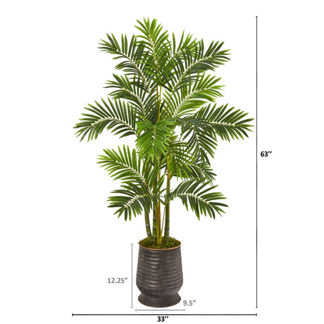 63” Areca Palm Artificial Tree in Ribbed Metal Planter-Parc Decor