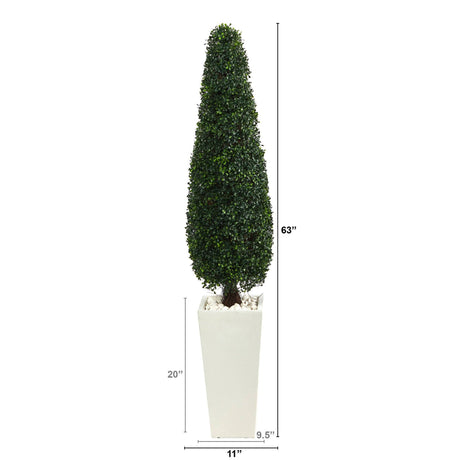 63” Boxwood Topiary Artificial Tree in Tall White Planter(Indoor/Outdoor)-Parc Decor