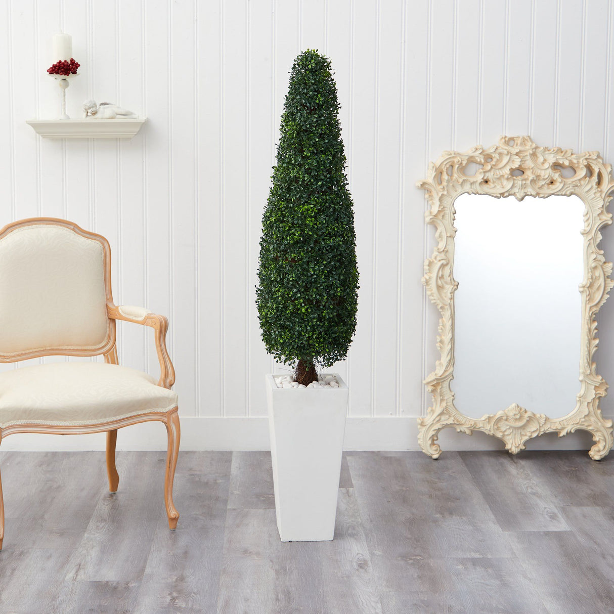 63” Boxwood Topiary Artificial Tree in Tall White Planter(Indoor/Outdoor)-Parc Decor