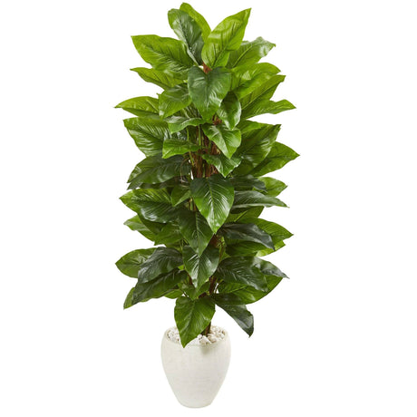 63” Large Leaf Philodendron Artificial Plant in White Planter (Real Touch)-Parc Decor