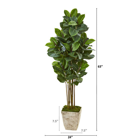 63” Rubber Leaf Artificial Tree in Country White Planter-Parc Decor