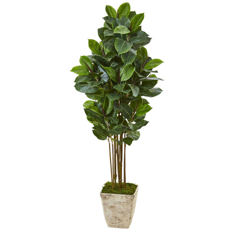63” Rubber Leaf Artificial Tree in Country White Planter-Parc Decor