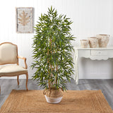 64” Bamboo Tree with Natural Bamboo Trunks in Boho Chic Handmade Cotton & Jute White Woven Planter-Parc Decor