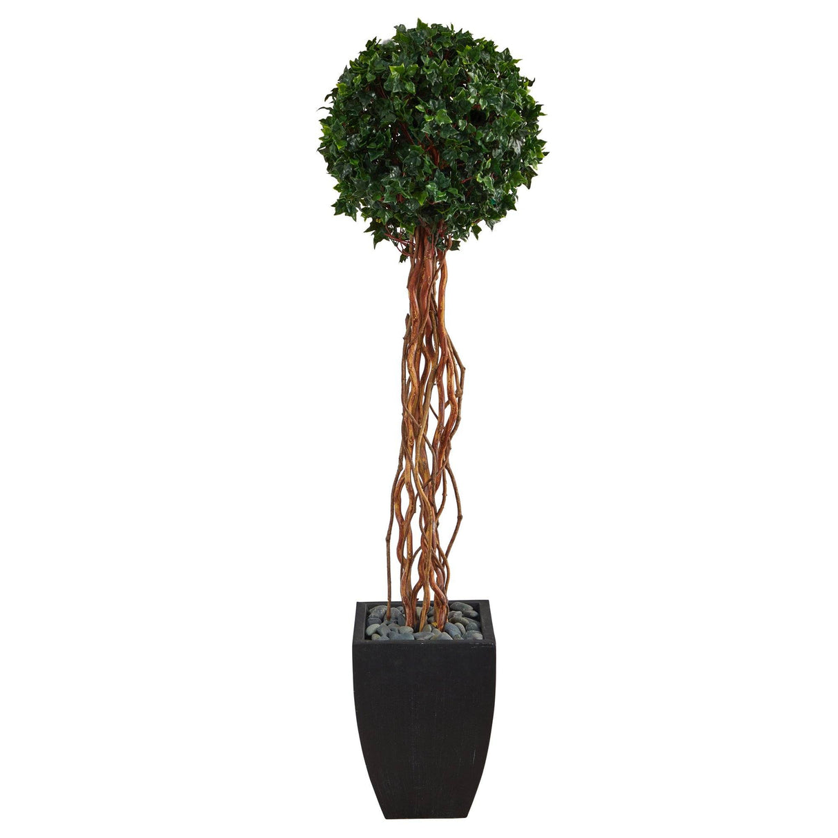 64” English Ivy Single Ball Artificial Topiary Tree in Black Planter (Indoor/Outdoor)-Parc Decor
