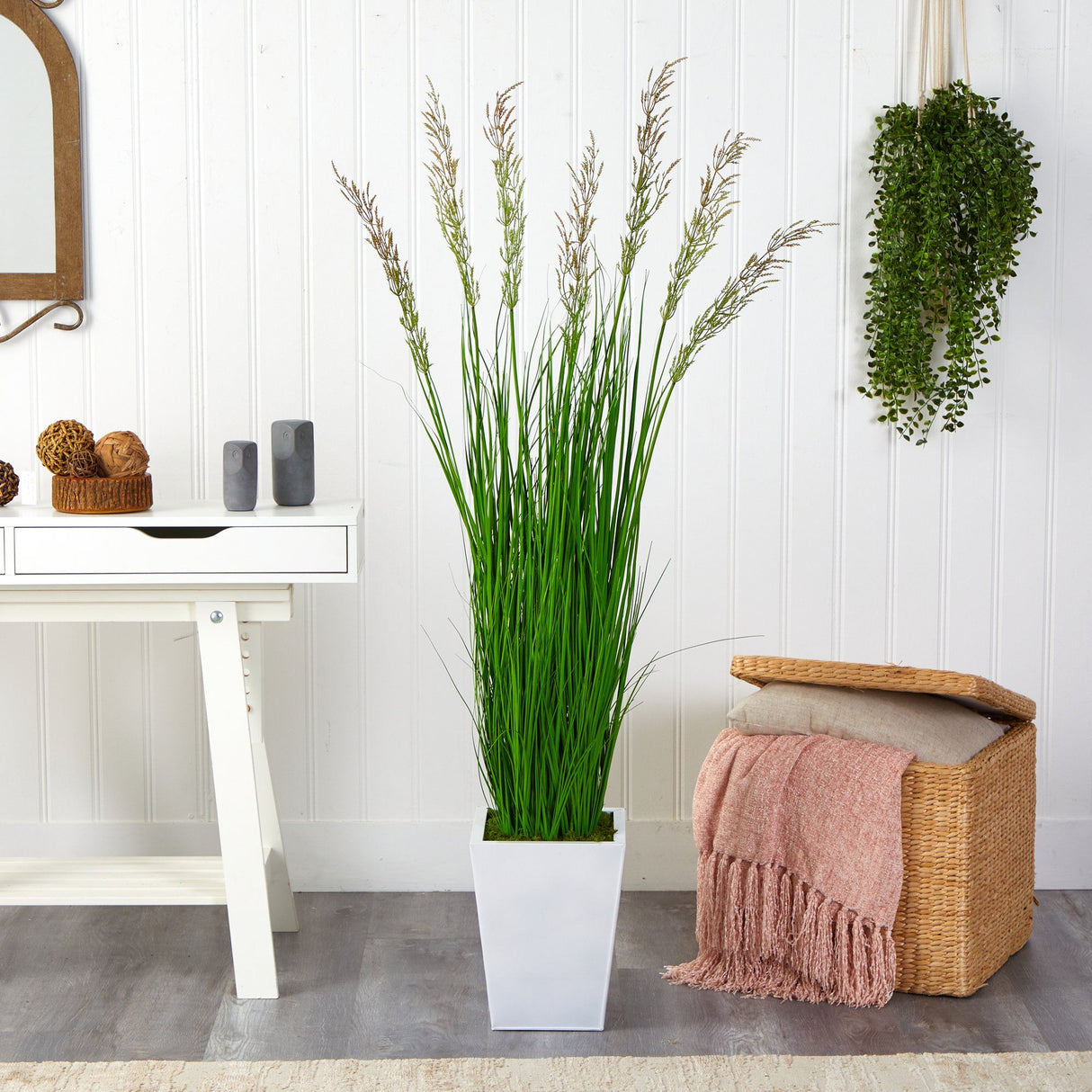 64” Wheat Grass Artificial Plant in White Metal Planter-Parc Decor