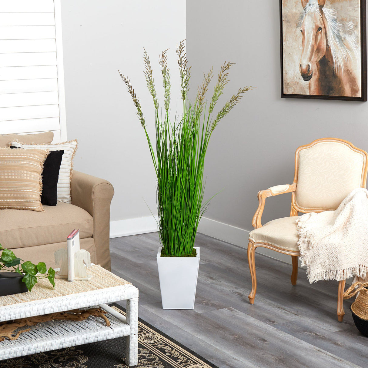 64” Wheat Grass Artificial Plant in White Metal Planter-Parc Decor