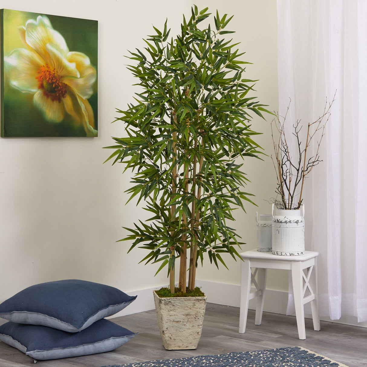 65” Bamboo Artificial Tree in Country White Planter-Parc Decor