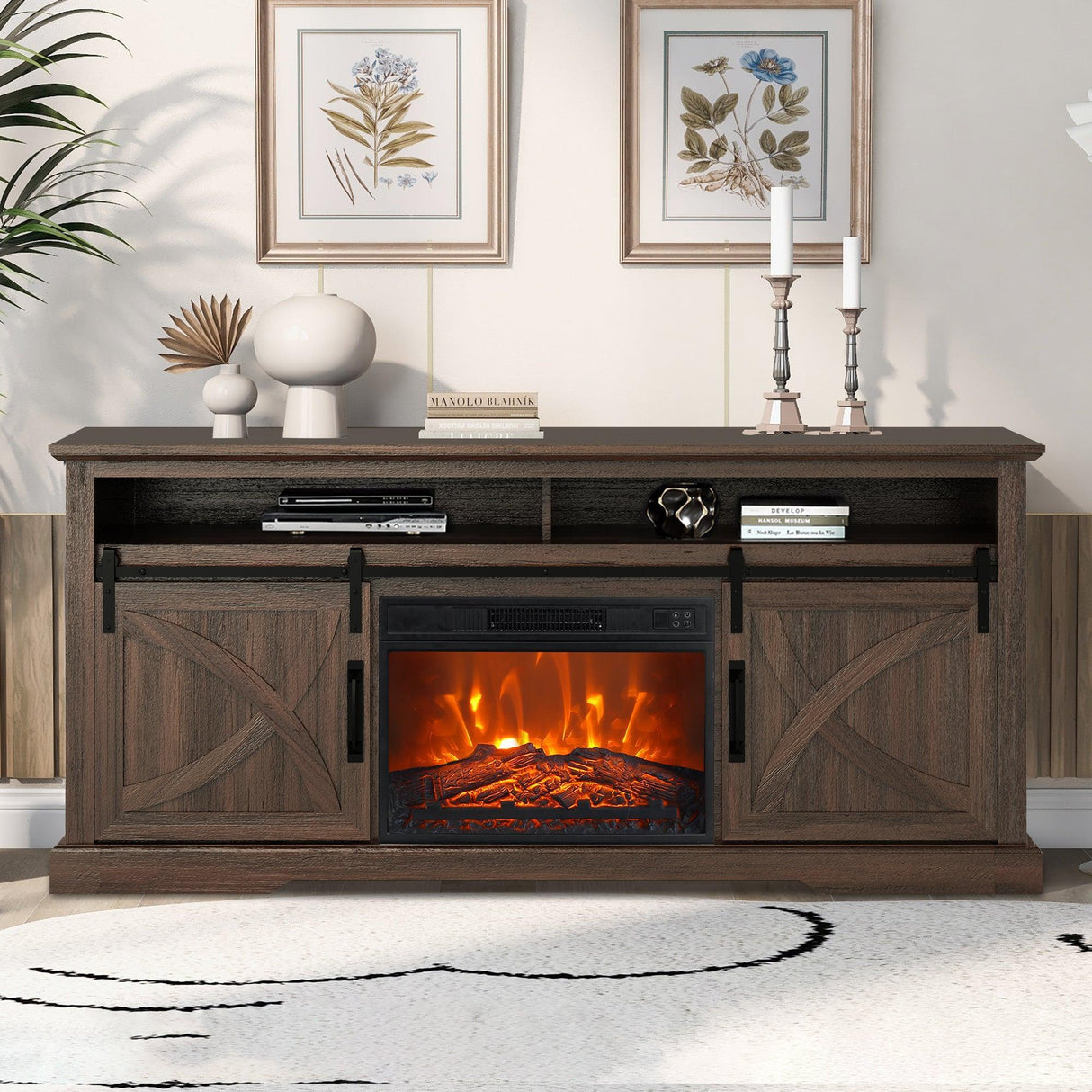 68" Farmhouse TV Stand with 23" Insert Opening Electric Fireplace-Parc Decor