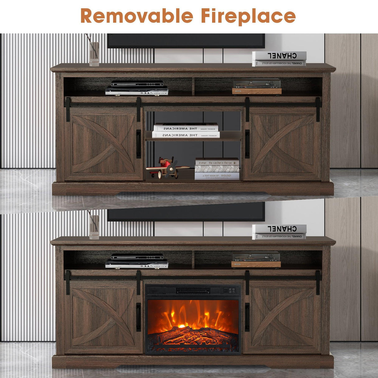 68" Farmhouse TV Stand with 23" Insert Opening Electric Fireplace-Parc Decor