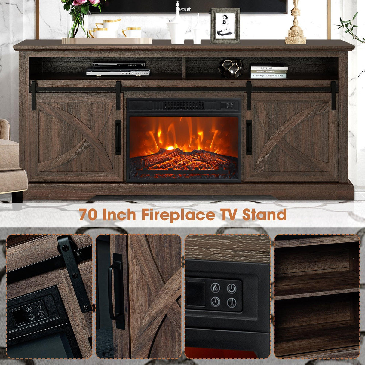 68" Farmhouse TV Stand with 23" Insert Opening Electric Fireplace-Parc Decor