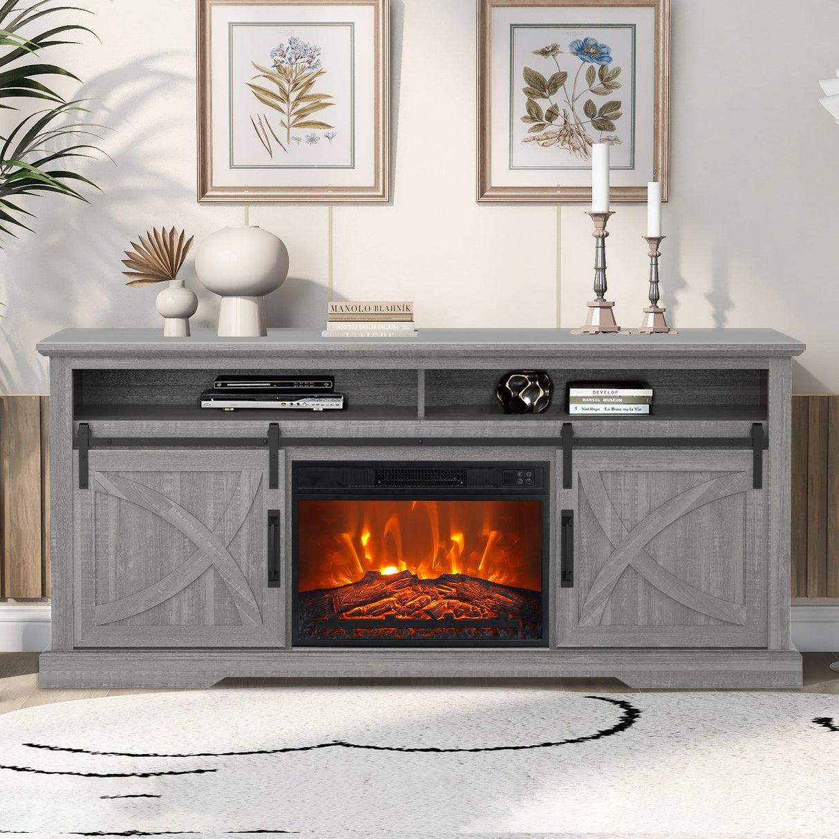 68" Farmhouse TV Stand with 23" Insert Opening Electric Fireplace-Parc Decor