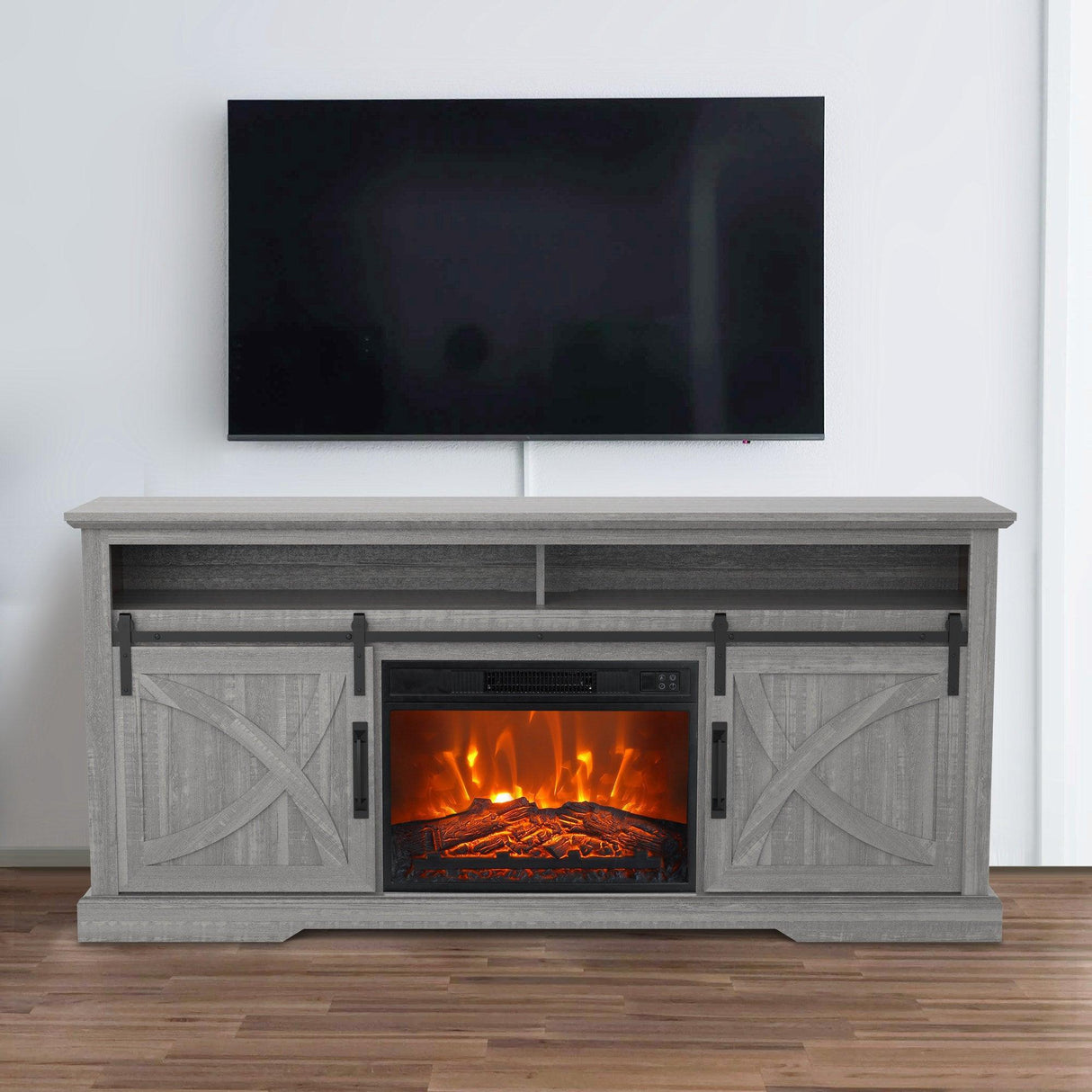 68" Farmhouse TV Stand with 23" Insert Opening Electric Fireplace-Parc Decor