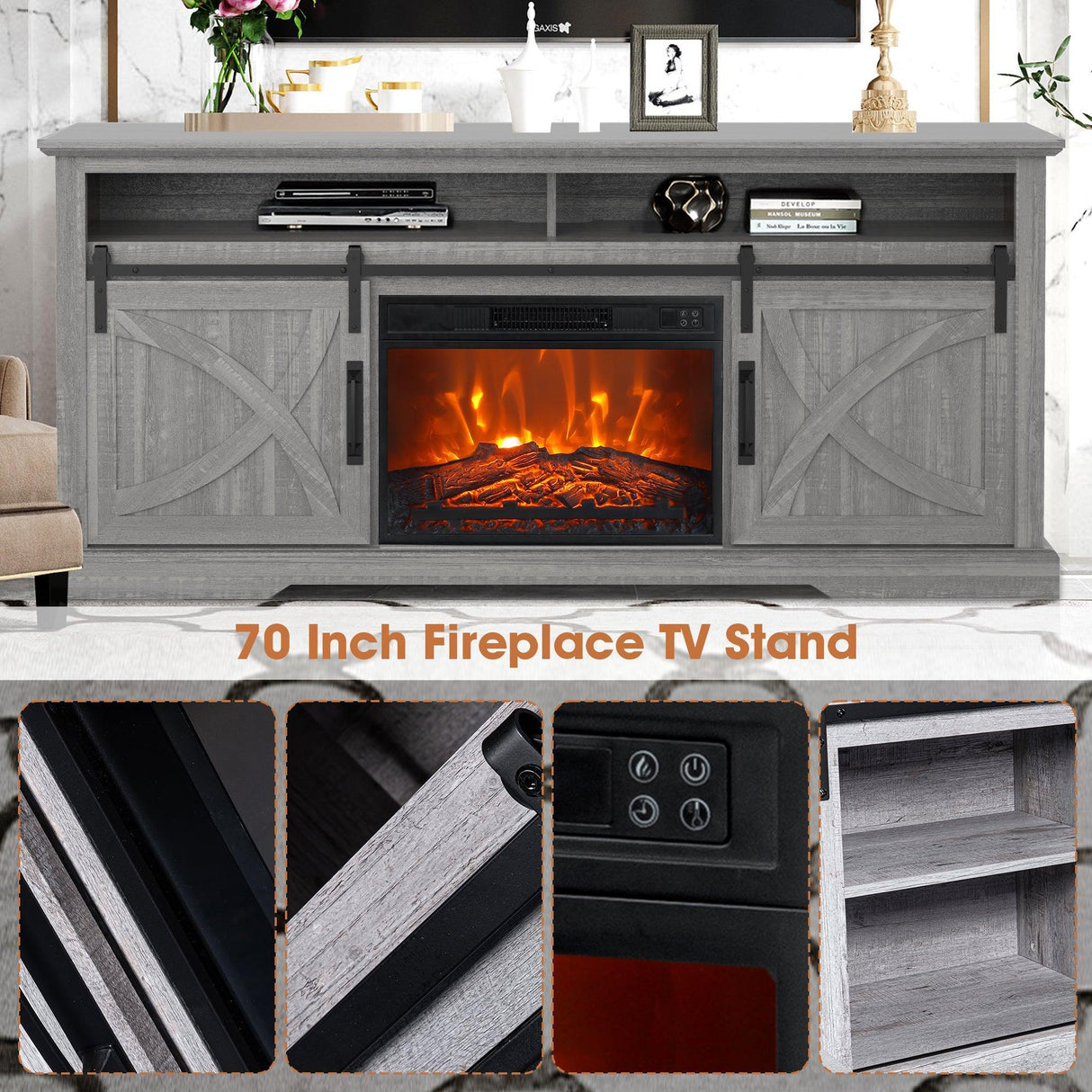 68" Farmhouse TV Stand with 23" Insert Opening Electric Fireplace-Parc Decor