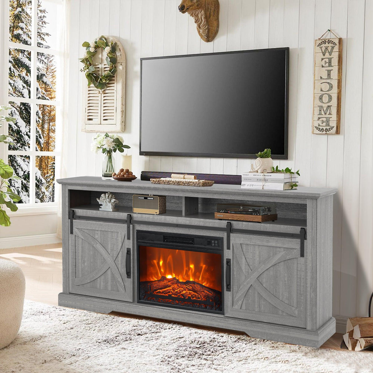 68" Farmhouse TV Stand with 23" Insert Opening Electric Fireplace-Parc Decor