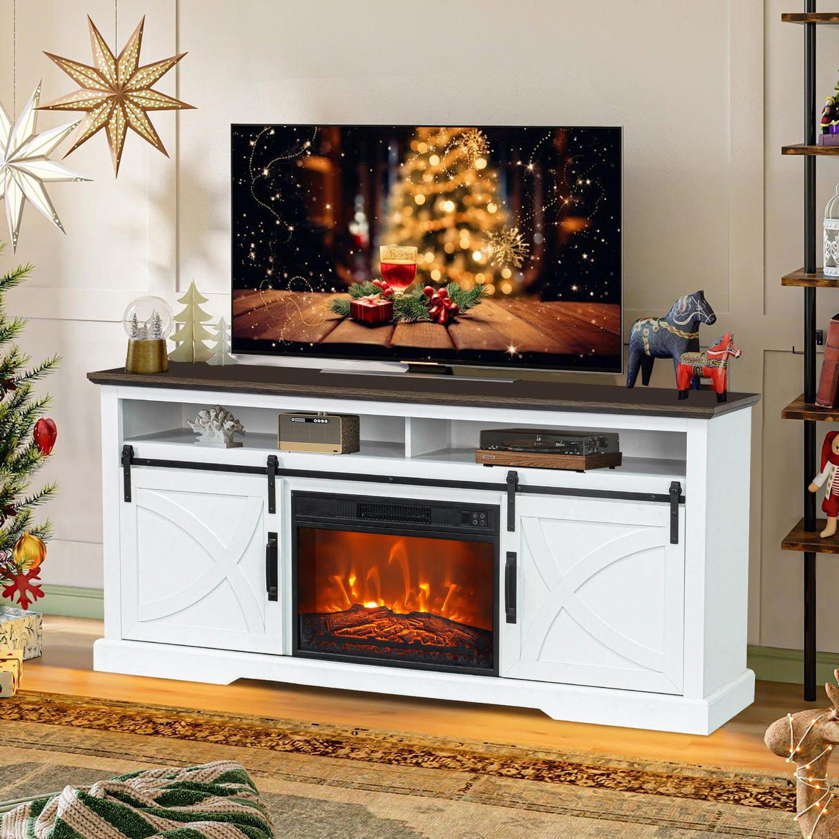68" Farmhouse TV Stand with 23" Insert Opening Electric Fireplace-Parc Decor