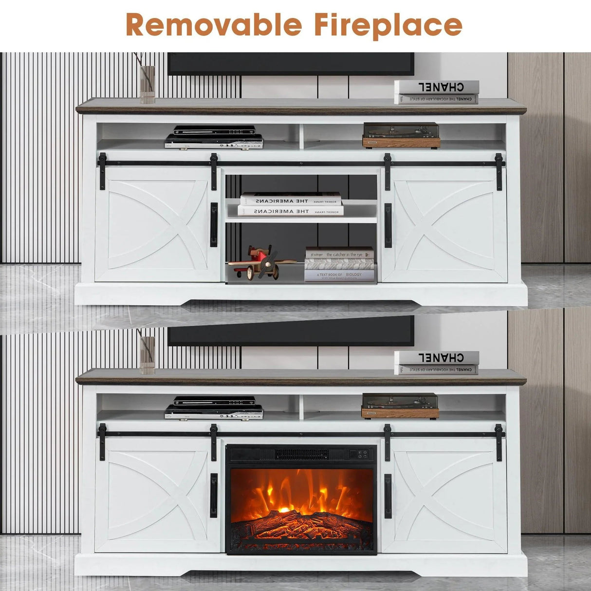 68" Farmhouse TV Stand with 23" Insert Opening Electric Fireplace