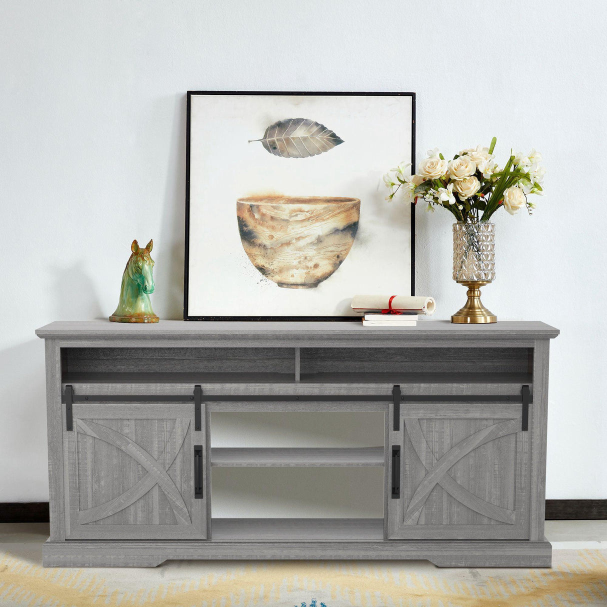 68" Farmhouse TV Stand with Double Sliding Barn Doors for Living Room
