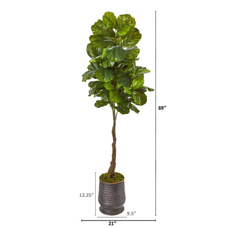 69” Fiddle Leaf Artificial Tree in Ribbed Metal Planter (Real Touch)-Parc Decor