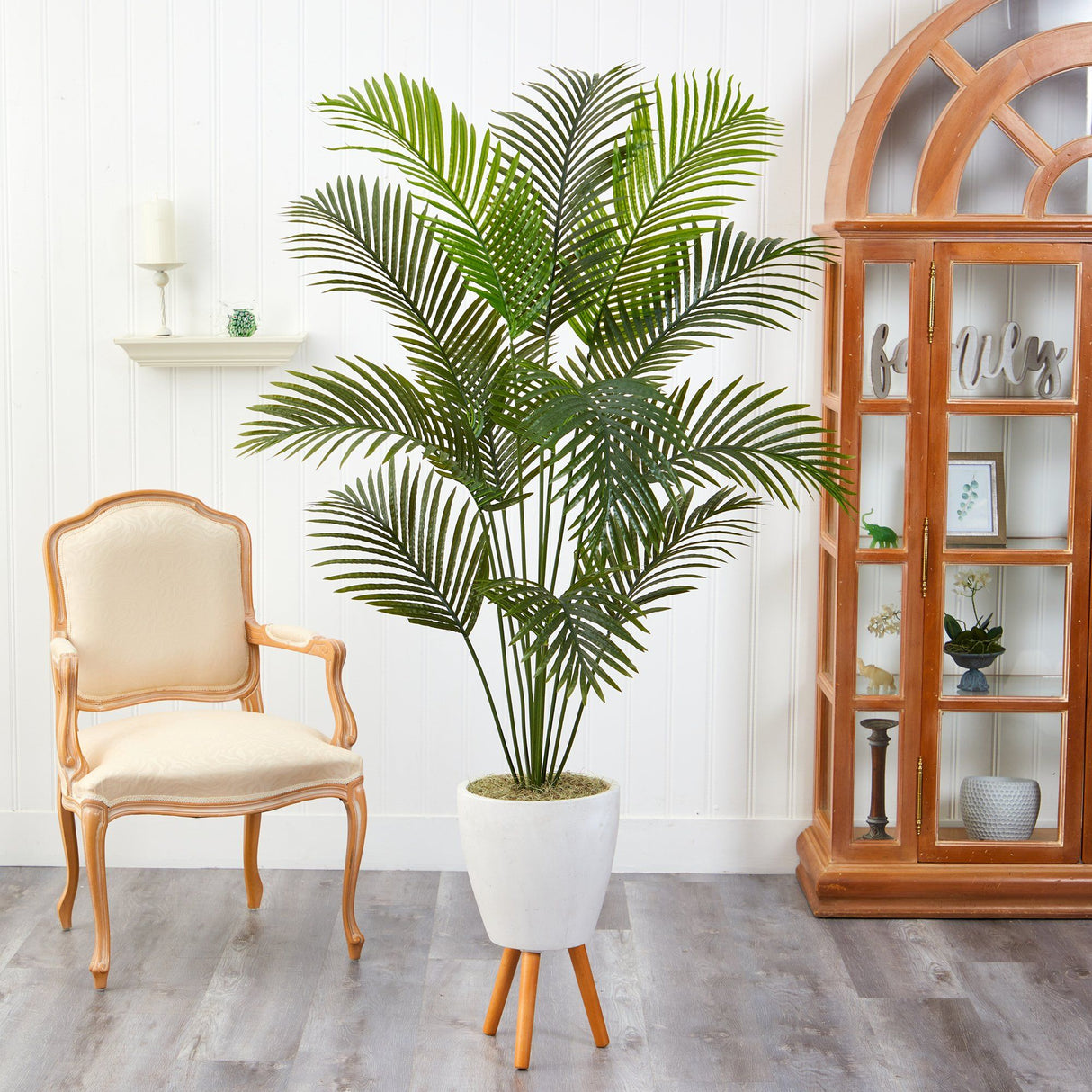 6.5’ Golden Cane Artificial Palm Tree in White Planter with Stand-Parc Decor