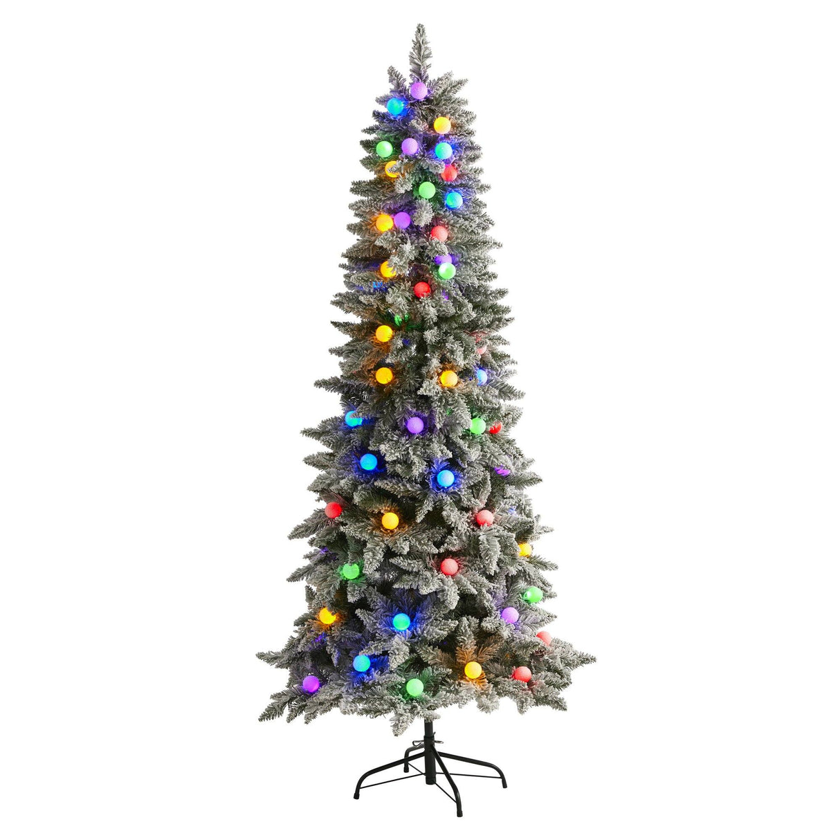 6.5' Flocked British Columbia Mountain Fir Artificial Christmas Tree with 75 Multi Color Globe Bulbs and 679 Bendable Branches-Christmas Tree-Parc Decor