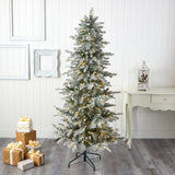 6.5’ Slim Flocked Nova Scotia Spruce Artificial Christmas Tree with 300 Warm White LED Lights and 699 Bendable Branches-Christmas Tree-Parc Decor