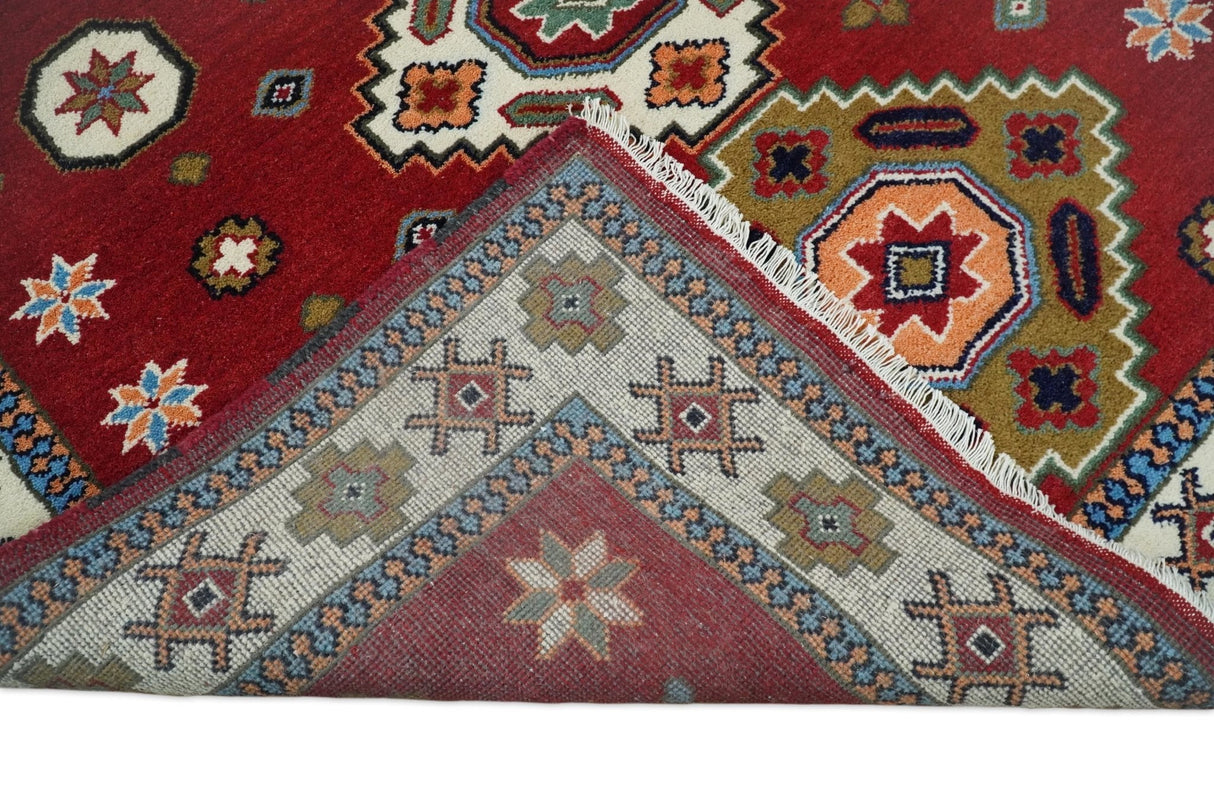 6x6 Square Hand Knotted Antique Kazak Red and Ivory Wool Area Rug