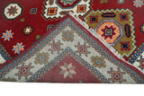 6x6 Square Hand Knotted Antique Kazak Red and Ivory Wool Area Rug