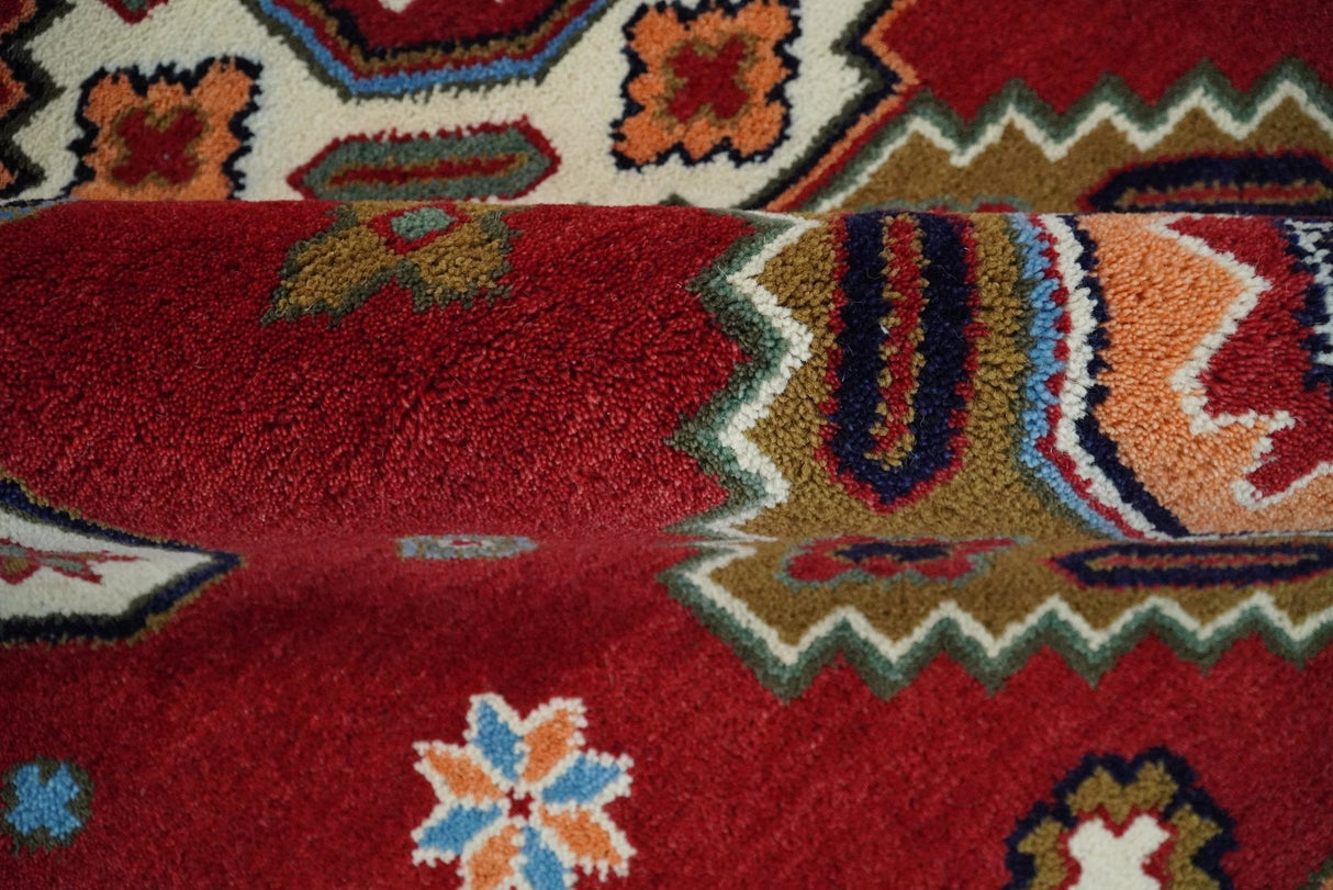 6x6 Square Hand Knotted Antique Kazak Red and Ivory Wool Area Rug