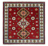 6x6 Square Hand Knotted Antique Kazak Red and Ivory Wool Area Rug