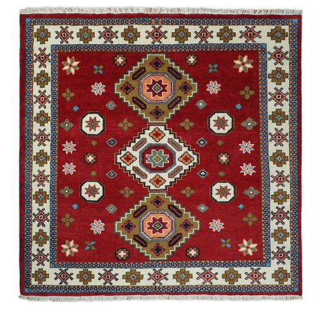 6x6 Square Hand Knotted Antique Kazak Red and Ivory Wool Area Rug