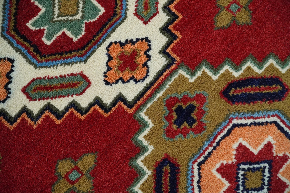 6x6 Square Hand Knotted Antique Kazak Red and Ivory Wool Area Rug
