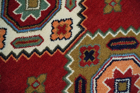 6x6 Square Hand Knotted Antique Kazak Red and Ivory Wool Area Rug
