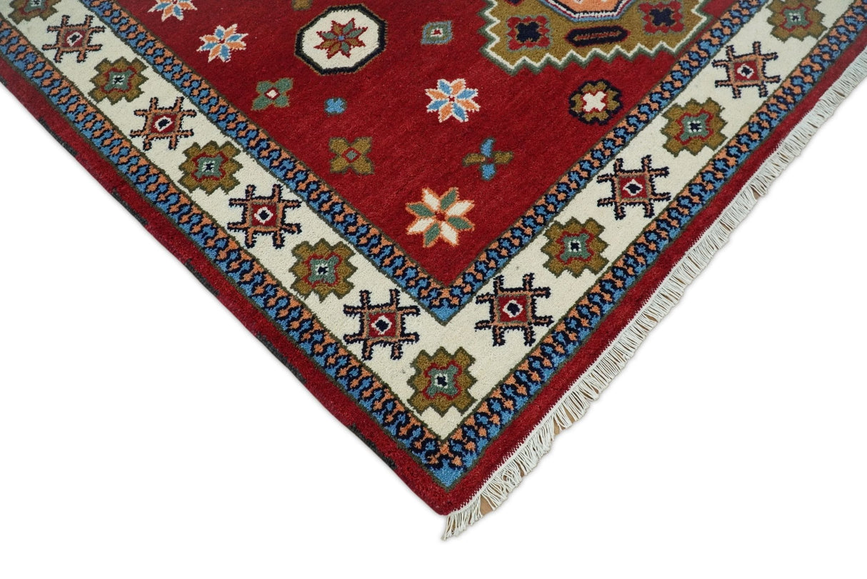 6x6 Square Hand Knotted Antique Kazak Red and Ivory Wool Area Rug